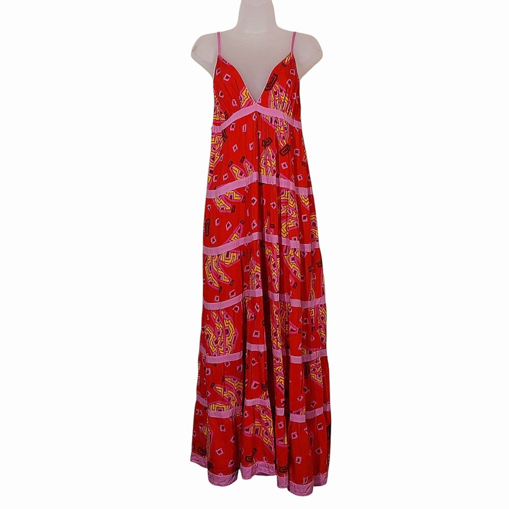 Farm Rio Tiki Bananas Coral Red Tiered Maxi Sundress Tropical/Resort/Summer - L - Picture 4 of 16